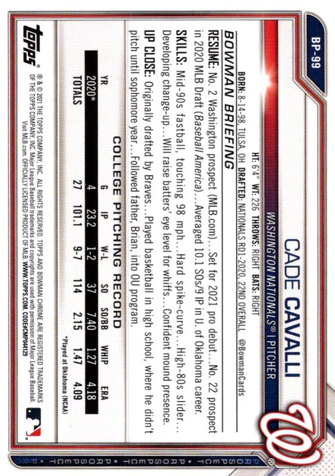 2021 Bowman Prospects Cade Cavalli Washington Nationals #BP-99 - Image 2 of 2