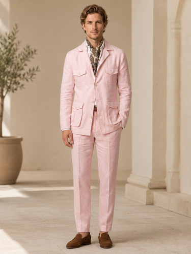 Mens Pink Linen 2 Piece Suit Safari Blazer Pants Wedding Party Summer Outfit