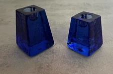 Fire and Light Recycled Art Glass Cobalt Blue Pair Candle Holders Signed
