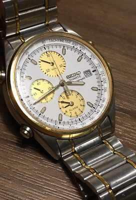 Seiko Two Tone Men's Chronograph Watch Date Alarm 7T32-7B30 Bracelet VTG 37mm