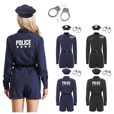 Women Leotard With Tie Belt Security Dress Up Theme Bodysuit And Hat Zipper Cop