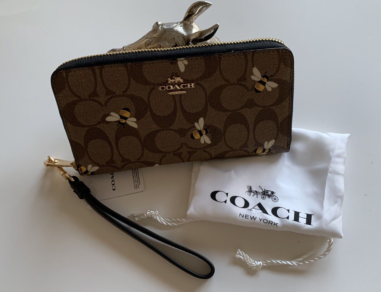 NWT Women's Coach Long Zip Around Wallet In Signature Bee Print Colour-  Khaki | eBay