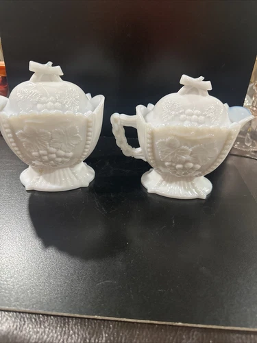 VTG Westmoreland Milk Glass Sugar & Creamer W/Lids Grapes And Cherries