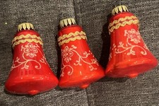 3 VINTAGE G&D OF WEST GERMANY GLASS ORNAMENTS RED WITH GOLD FLORAL GLITTER BELLS