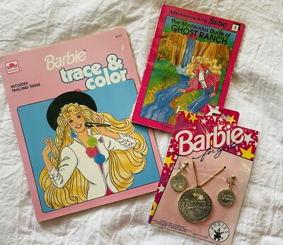 Vintage Barbie 1980s BARBIE Sealed Earrings  Books Necklace Draw Trace Color LOT