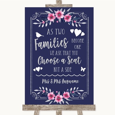 Marineblau Pink & Silber Wie Familien zu einem Sitzplan Hochzeit Schild