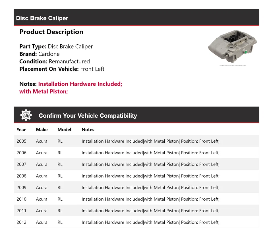 Pinza de freno de disco delantera izquierda Cardone 2006 2007 2008 2009 para Acura RL 2005-2012 Foto 2 de 4