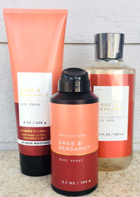 3 Bath & Body Works SAGE & BERGAMOT 3-in-1 Wash + Body Cream + Spray SET of 3