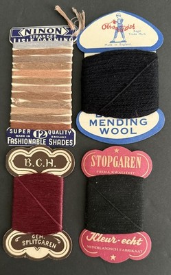 Vintage Lot Four (4) Display Cards of Thread, Mending Wool, Wool 1920 - 1950 NOS