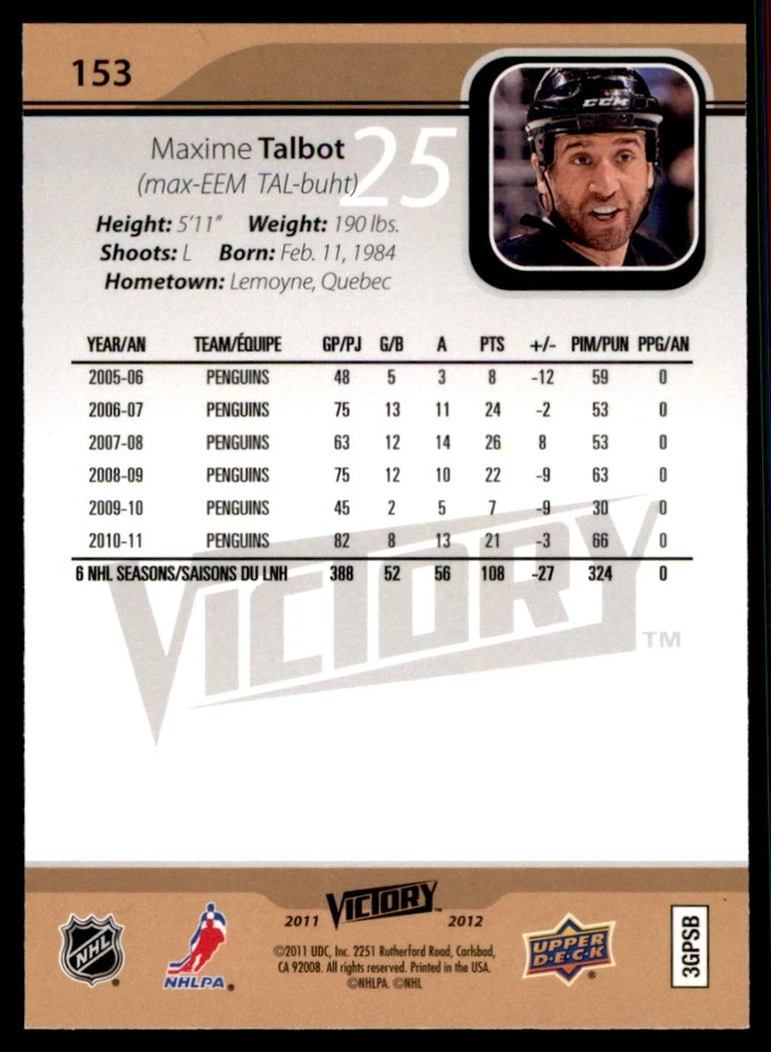 2011-12 Upper Deck Victory Maxime Talbot Pittsburgh Penguins #153 - Image 2 of 2