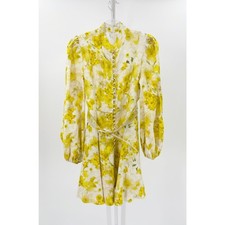 Zimmermann Wonderland Yellow Floral Linen Belted Mini Dress Button Front Size 2