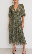 Mango Green Floral Sheer Boho V-Neck Button Front Puff Sleeve Midi Dress size 2