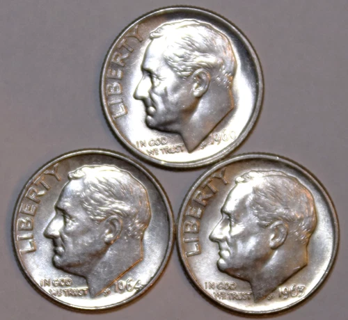 (3) BU Roosevelt Dimes - 1960P 1963D 1964P - #9435D FREE SHIPPING
