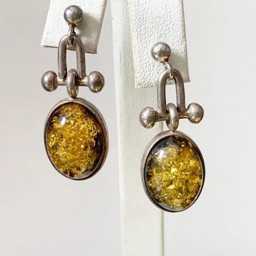 Vintage Amber Drop Earrings Silver Dangle Estate Jewelry Art Deco Style Knocker