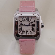 Cartier Santos 100 33mm Steel Silver Dial Fixed Pink Leather Band W20126X8