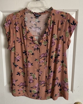 Buffalo David Bitton Floral Blouse Short Flutter Cap Sleeve Tie V-Neck Orange M