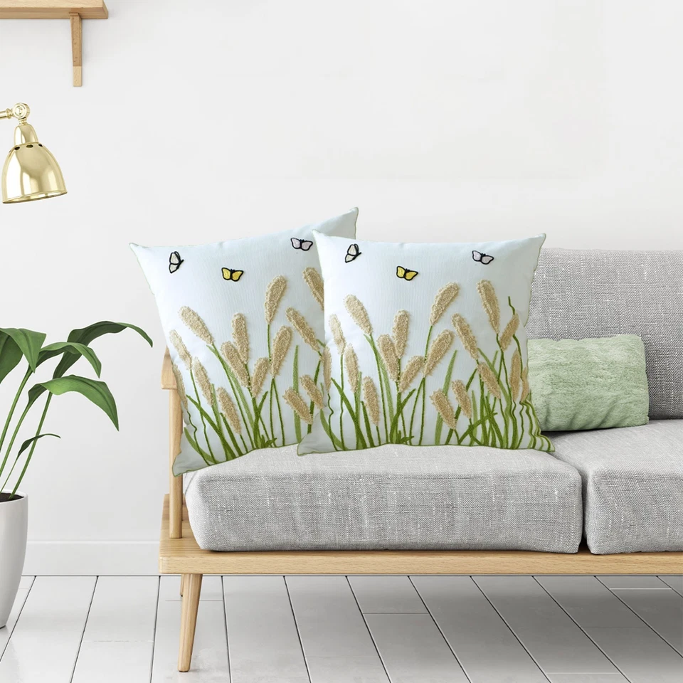 Embroidered Pillow Covers 18x18 Inch Set of 2, Beige Floral Throw Pillow Covers - Image 4 of 4