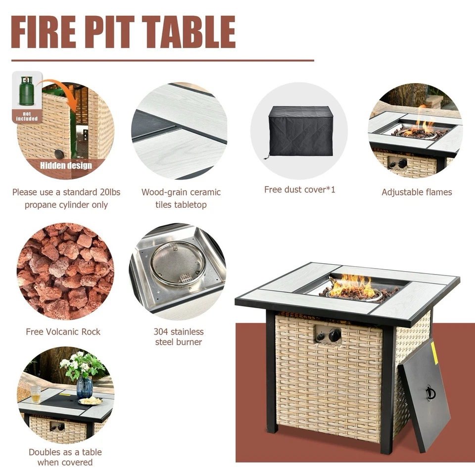 30 Inch Fire Pit Table,50,000 BTU Heater PE Rattan Propane with Ceramic Tabletop - Image 4 of 4