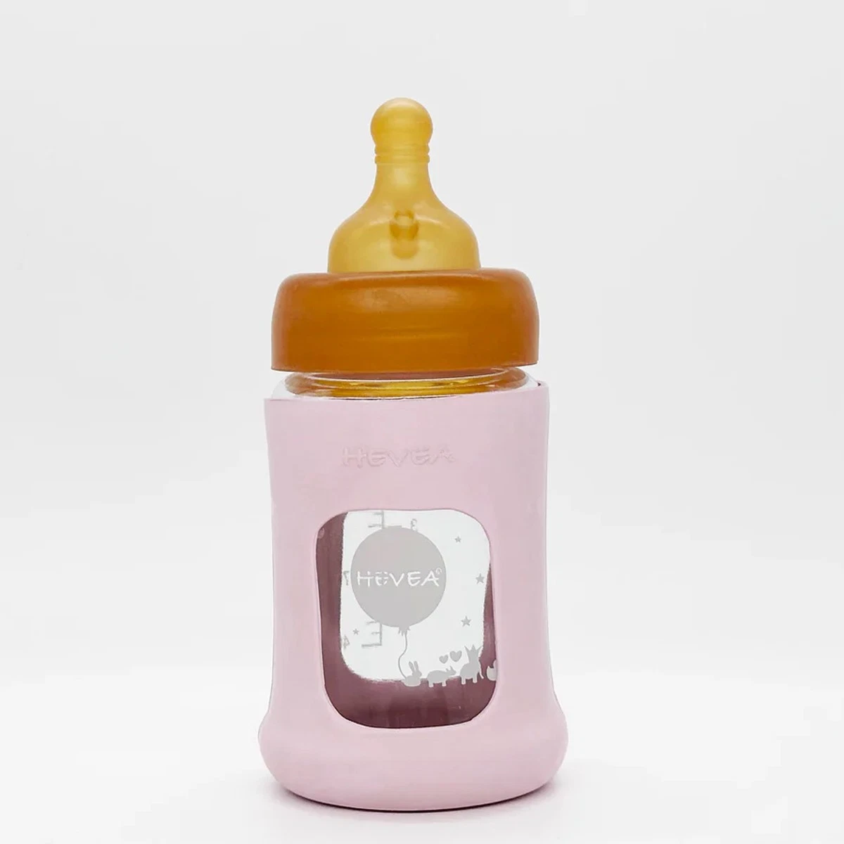 Hevea Wide Neck Baby Glass Bottle With Sleeve - Powder Pink 150ml