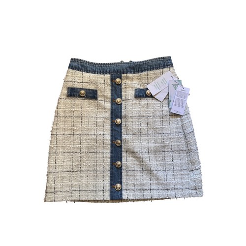Minifalda GUESS XS Tweed Blanca Azul Denim Ribete Preppy Y2K Botón Frontal Nueva con Etiquetas - Imagen 1 de 7