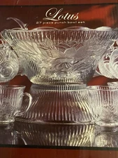 Vintage Lotus Embossed Clear Glass Punch Bowl Set 27