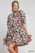 Umgee Black Multi  High Neck Round Yoke Button Down Tiered Mini Dress