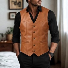 Men's Genuine Western Vest TAN Vintage Cowhide Distressed Leather Vest Biker