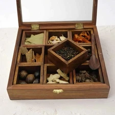 Carved indian Pakistani Spice Box for Kitchen, Wooden Spice Container Spice Jars