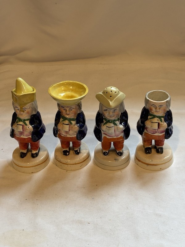 Antique Set Of 4 Toby Cruets. Wonderful Condition. (Hat Missing On Mr. Mustard).