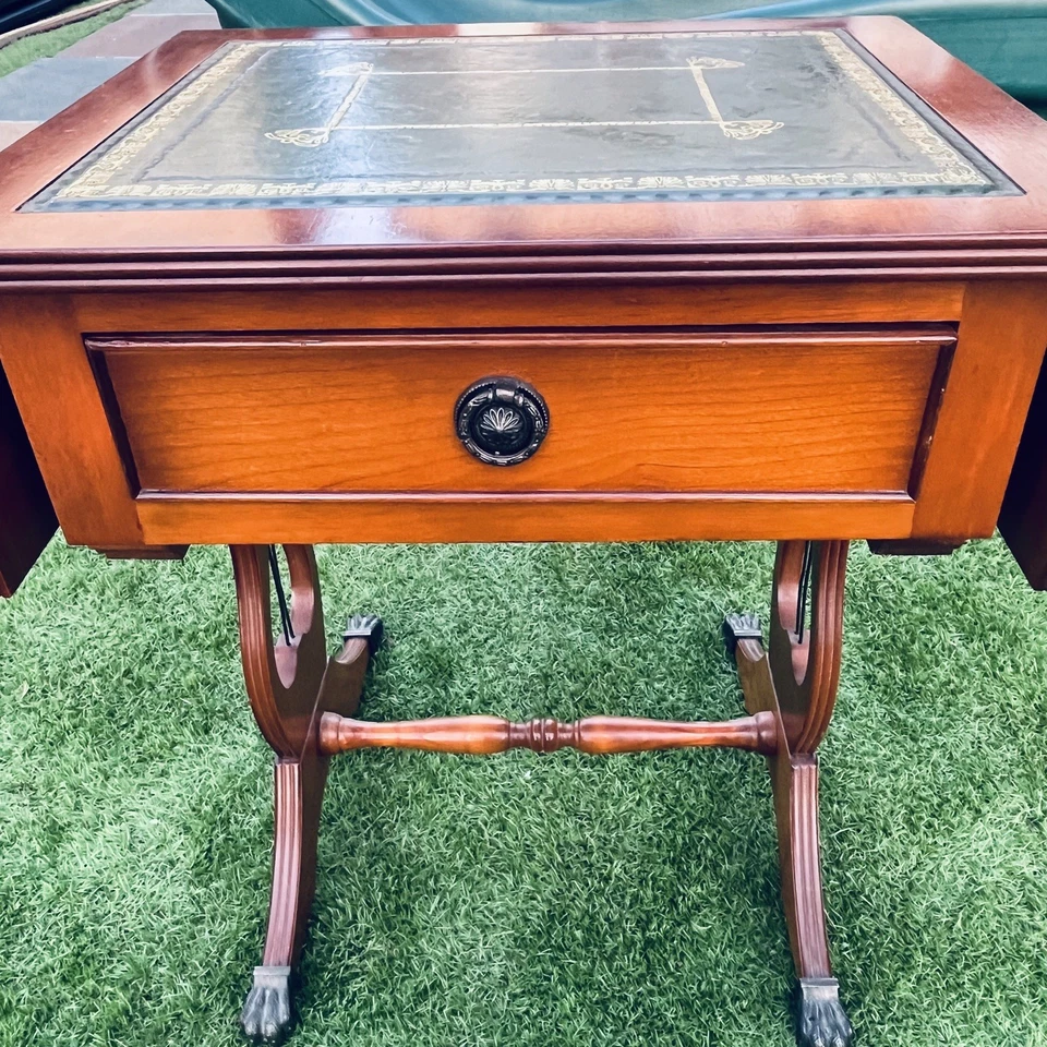 Art Deco Foldable Side Games End Table Leather Gold Leaf Top Brass Claw Casters - Image 3 of 4