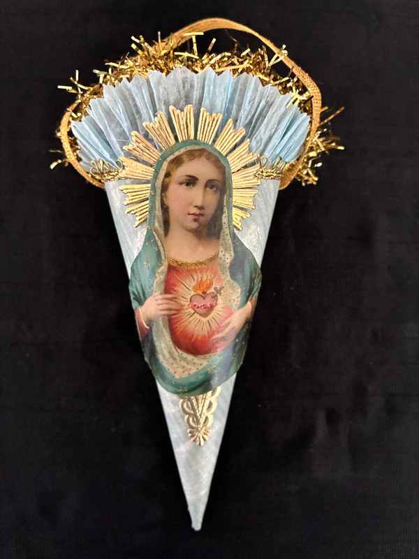 Antique Look Scrap Christmas  Ornament  MARY--Madonna,  Blue  Cone,   Handmade