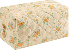 Floral Quilted Cotton Makeup Bag for Women, Large Capacity Travel Cosmetic Pouch