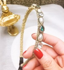 Womens Pearls Headbands with Green Rhinestones, Non Slip Fashion Cute Crystal