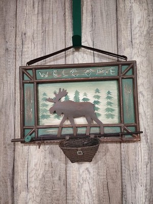 Rustic Welcome Sign, Moose & Trees, Rectangular Horizontal Wall Hanging