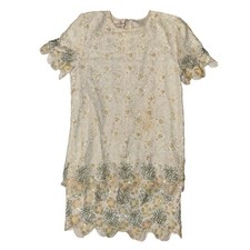 Laurence Kazar Beaded Dress Women PM Cream Floral Sequin Scalloped Shift