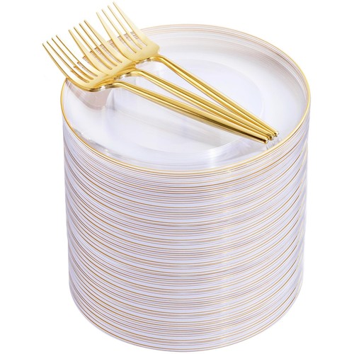 Rubtlamp 200Pcs Clear Gold Dessert Plates With Plastic Gold Forks 7.5inch Sma...