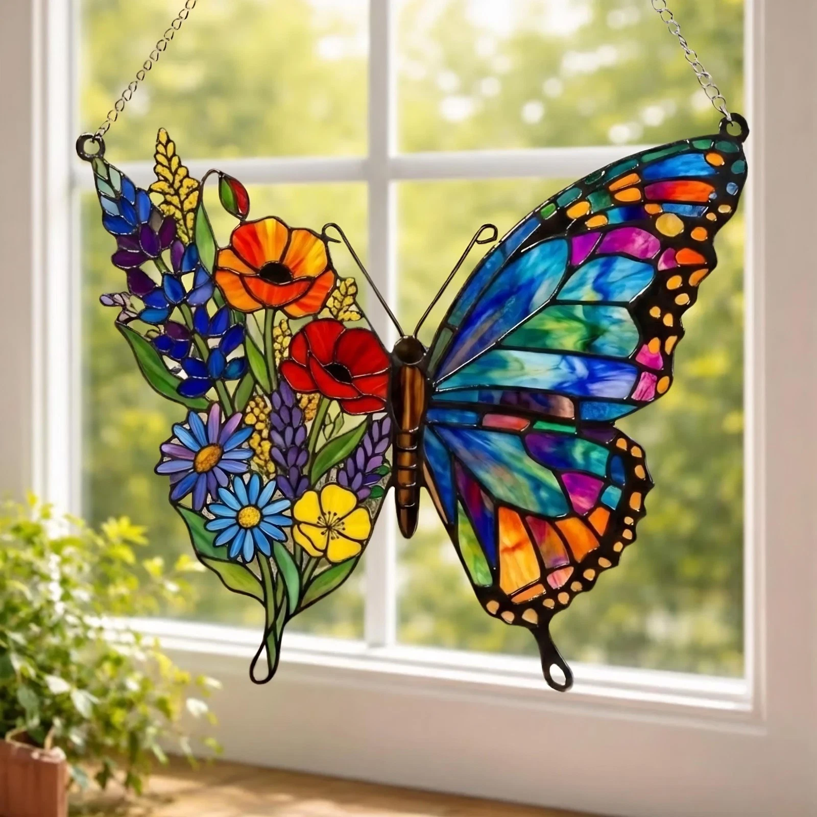 Wildflower Butterfly Glass Suncatcher, Stained Glass Butterfly & Floral Window