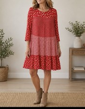 FatFace Red Ditsy Floral Dress UK 16 Boho Smock Peasant Casual Cottagecore 