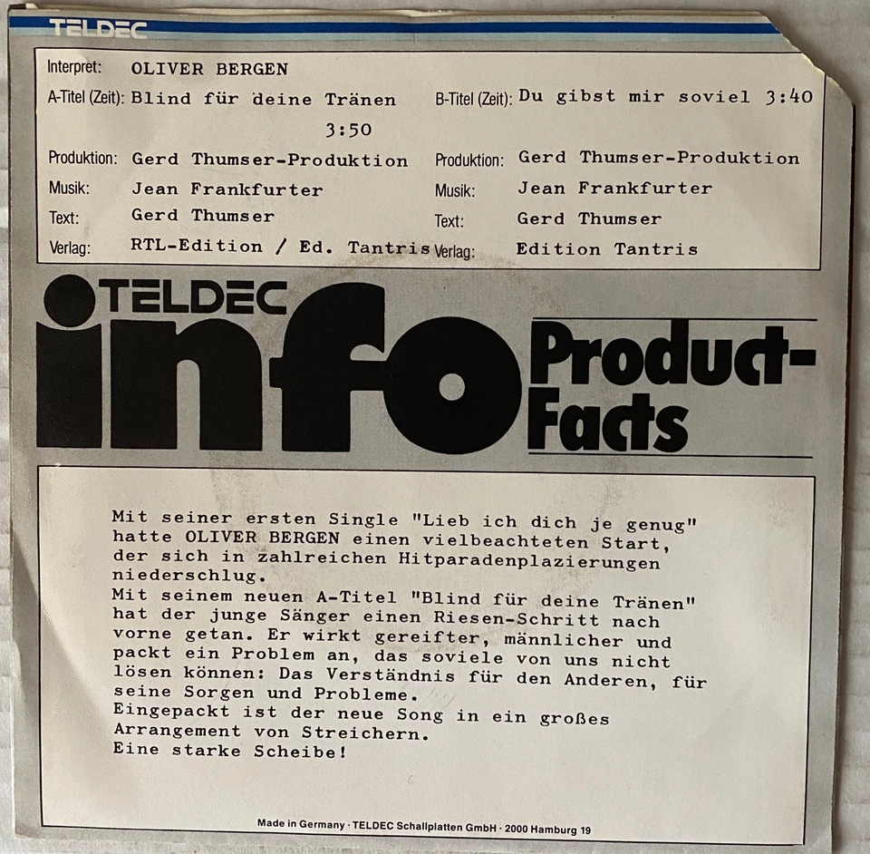 OLIVER BERGEN - BLIND FÜR DEINE TRÄNEN & DU GIBST MIR SOVIEL - PROMO SINGLE 1984 - Bild 2 von 4
