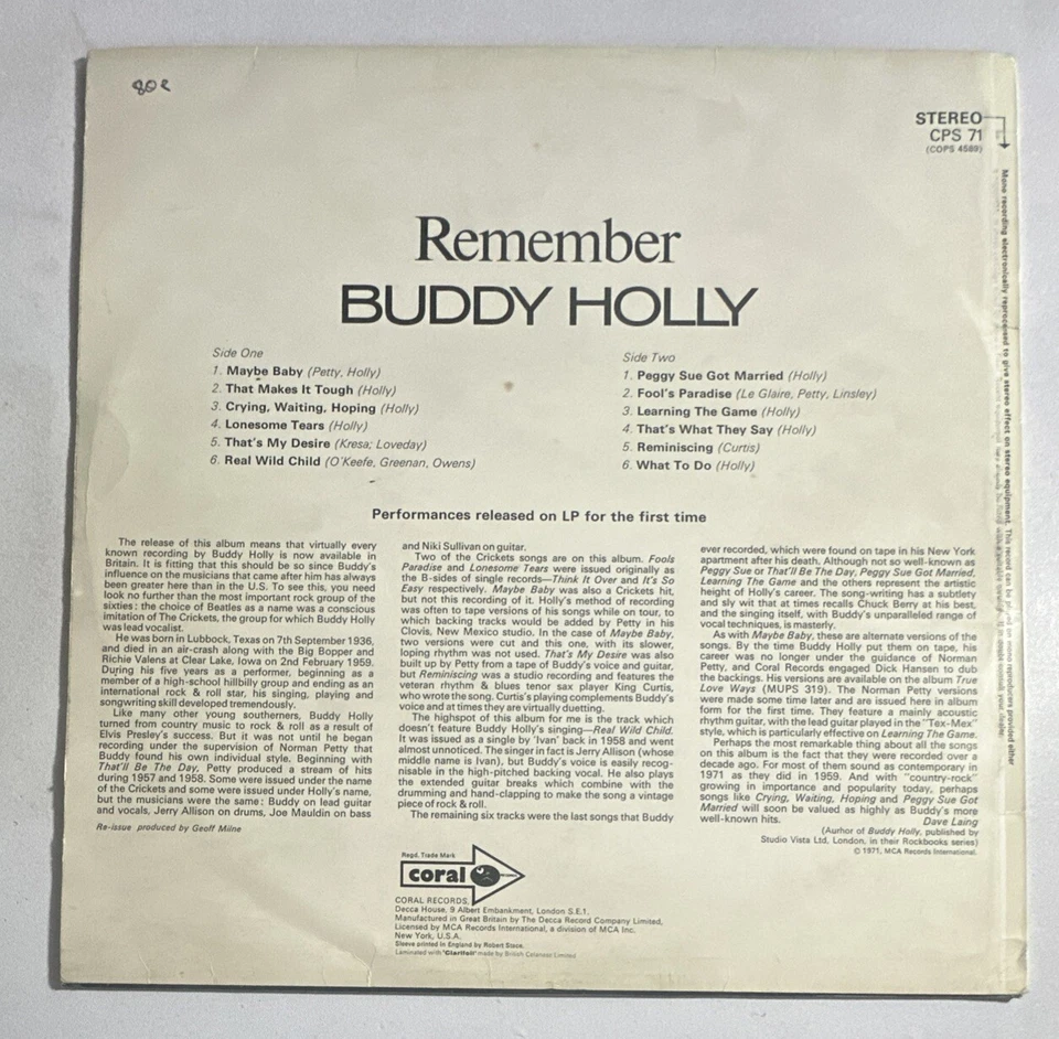 Buddy Holly - Remember - Coral CPS 71  Rock N Roll VG+ / VG+ Condition - Image 3 of 4