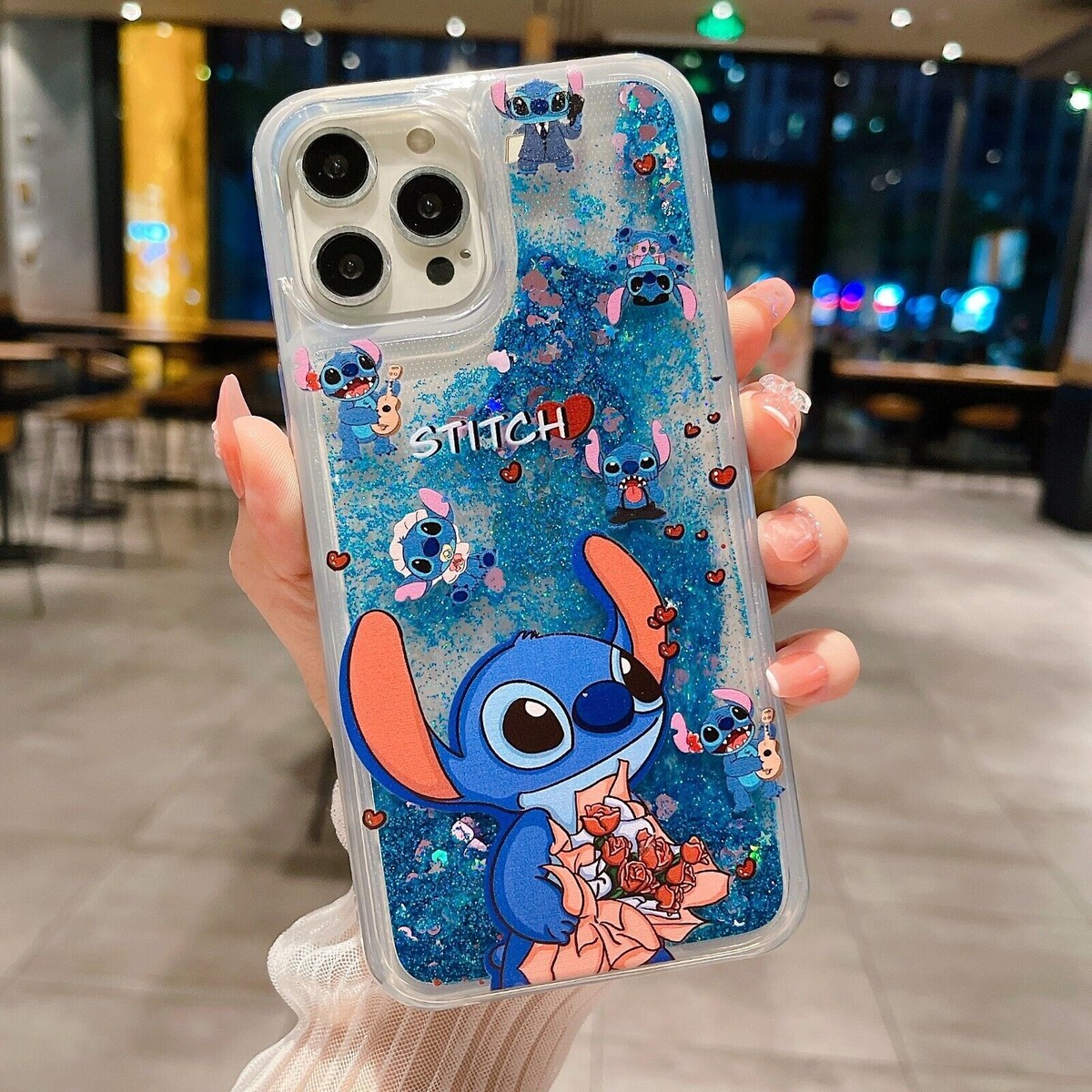 For Various Phone Quicksand Stitch Liquid Glitter Cute Cartoon Case Cover  Back