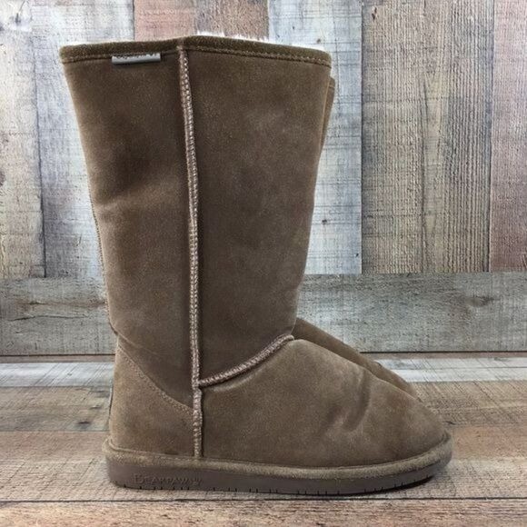 Bearpaw Winter Snow Boots Womens 8 Brown Suede Leather Slip On Sherpa Lined-image