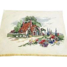 Vintage Handmade Cross Stitch Cottage Landscape Scene 18"x14" Unframed