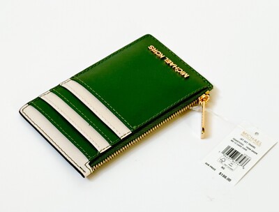 MICHAEL KORS JET SET TRAVEL TOP ZIP CARD CASE LEATHER WALLET FERN