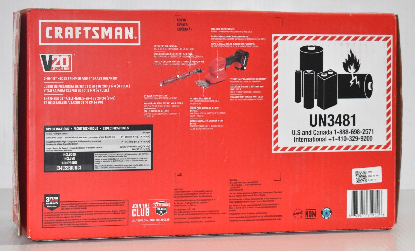 Brand New Craftsman V20 CMCSS800C1 2-in-1 8" Hedge Trimmer, 4" Grass Shear Kit