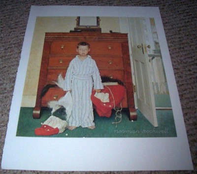 DISCOVERING SANTA Unexpect Christmas Discovery CLAUS SUIT Norman Rockwell 15x11''