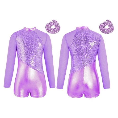 Kids Girls Dancewear Sequin Outfit Sparkling Sets Zipper Back Bodysuit Ballet - Picture 40 of 53