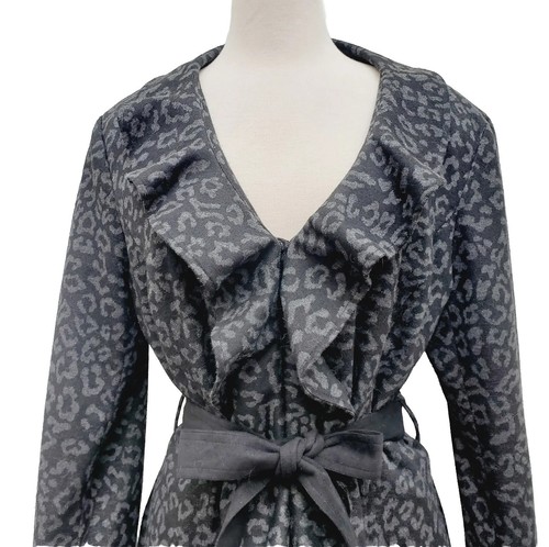 Sandro Studio Fit N Flare Gray Black Leopard Ruffle Trim Belted Knit Jacket XL - Picture 2 of 10