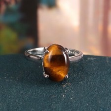 Natural Tiger Eye Gemstone Ring Stacking Simple Oval Dainty 925 Sterling Silver
