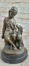 15`` Art Deco Sculpture Woman Girl With Dog Shepherd Bronze Statue Decor Art